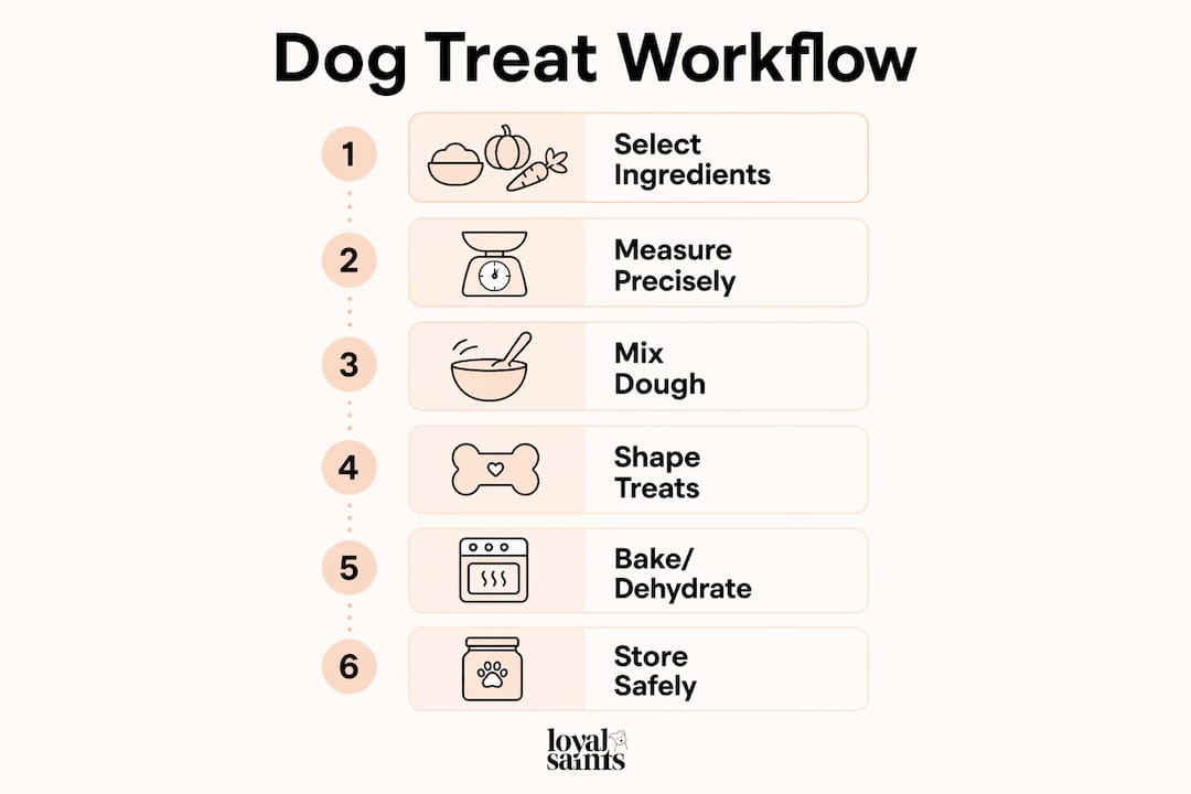Infographic outlining six steps of homemade dog treat workflow