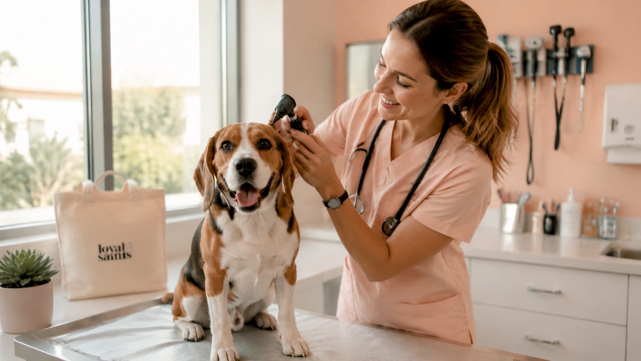Vet performing wellness check on happy dog