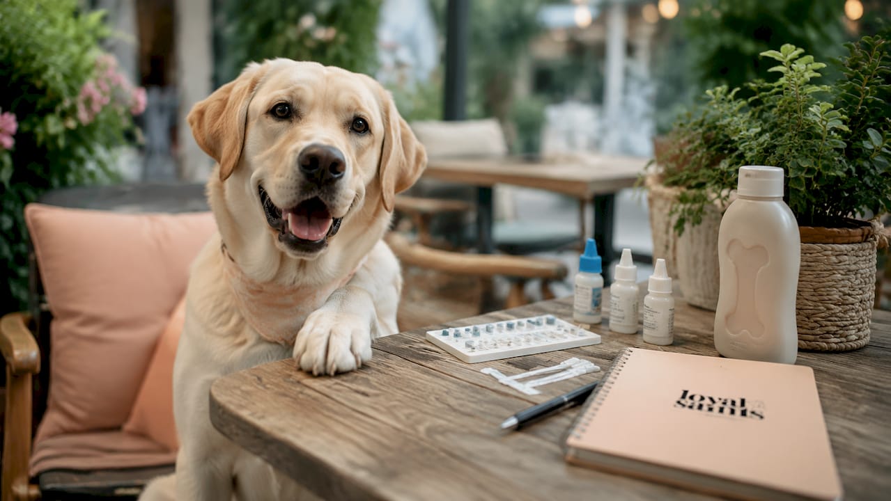 Happy labrador's healthy paw on exam table