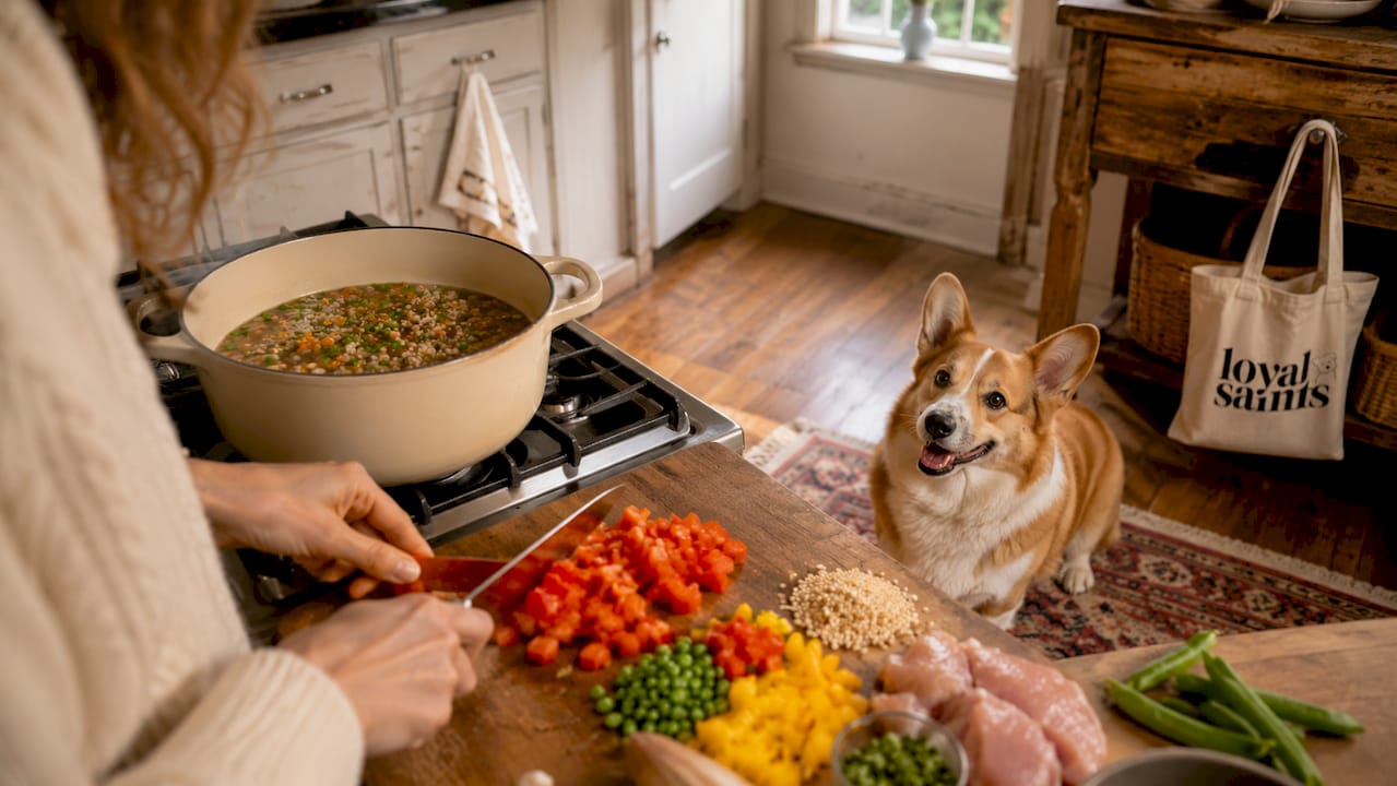 Border collie eagerly watching homemade dog meal cooking