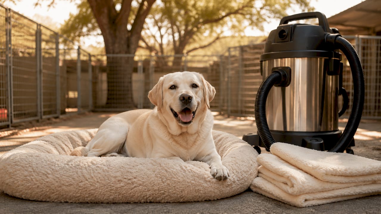Clean kennel with happy dog and allergy control devices