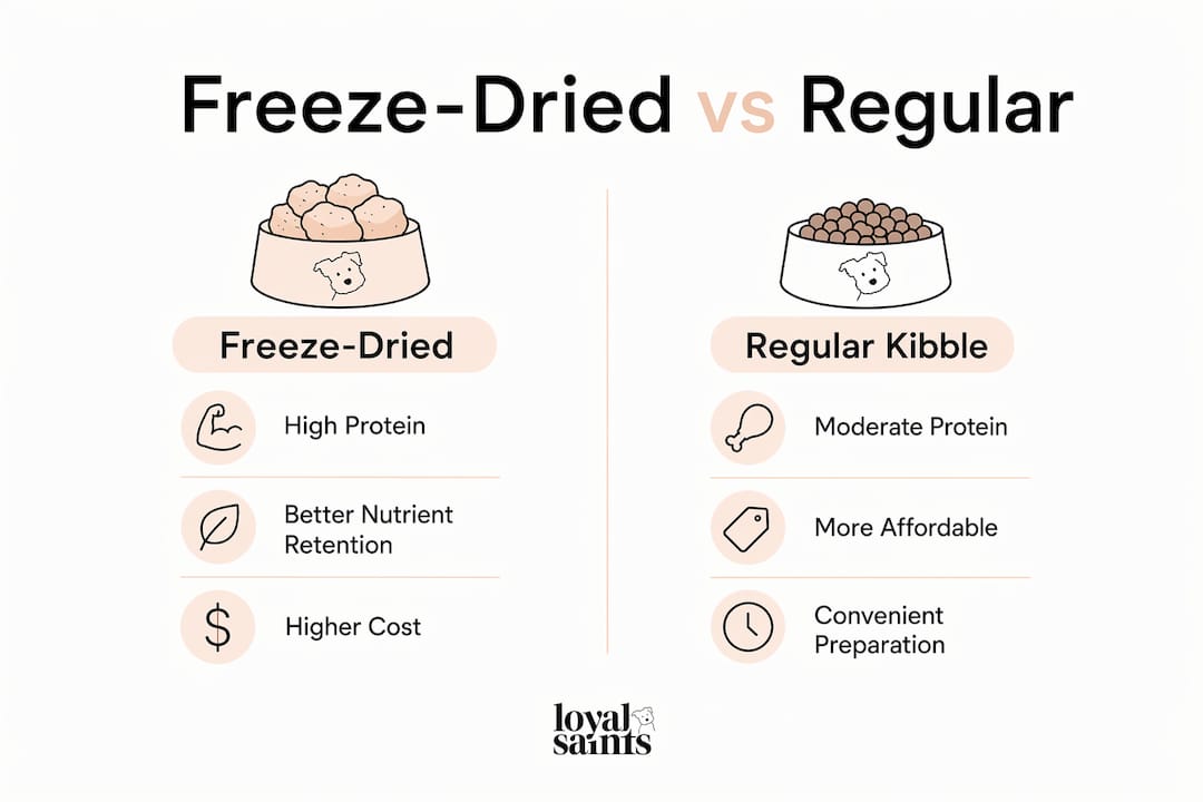 Infographic comparing freeze-dried and regular dog food features