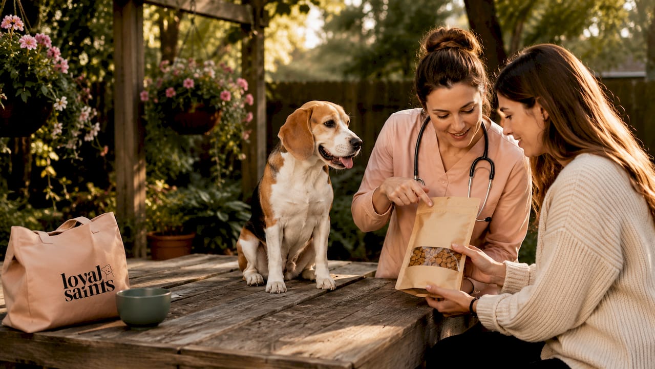 Veterinarian advising owner about dog nutrition