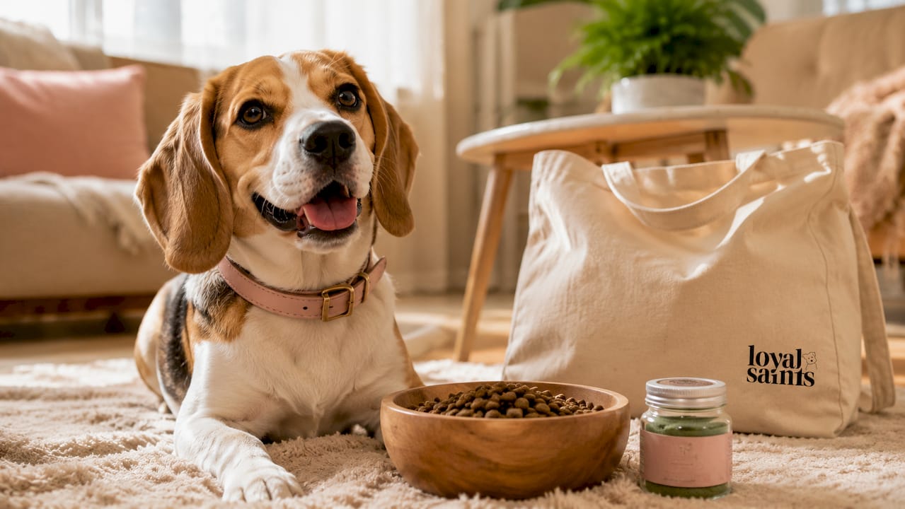 Beagle sitting near natural dog food with supplement powder
