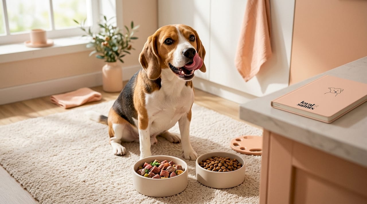 Beagle comparing moist premium food and dry kibble