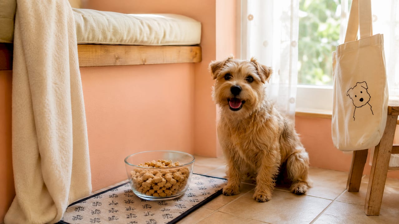 Small terrier patiently waiting near food bowl