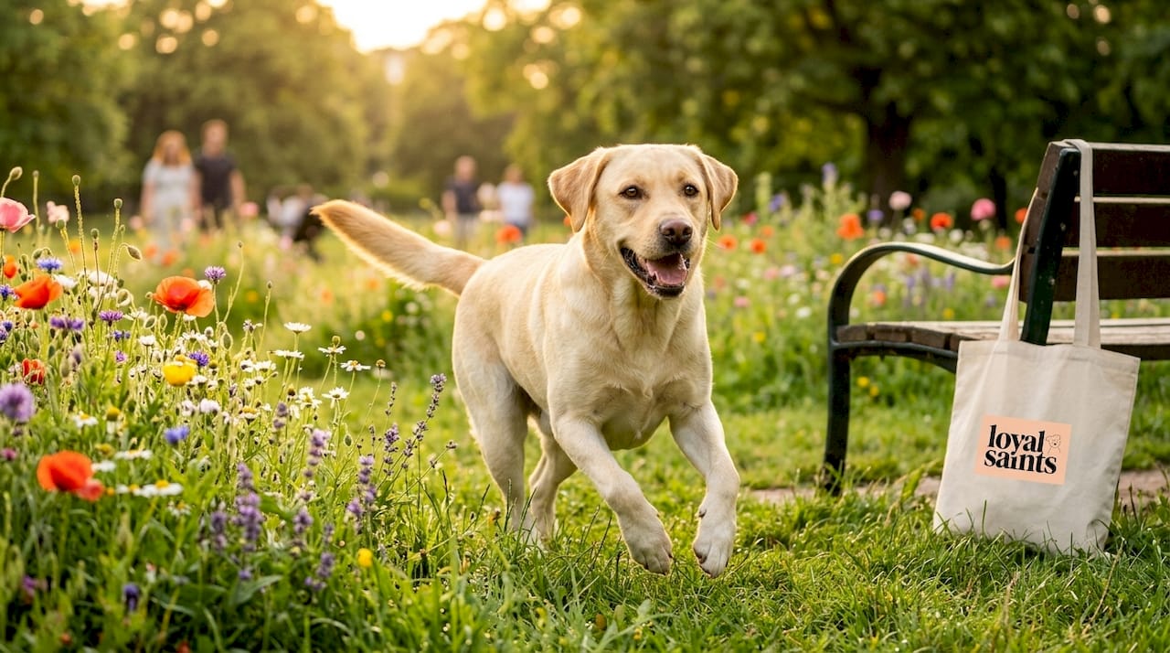 Healthy Labrador in sunlit garden