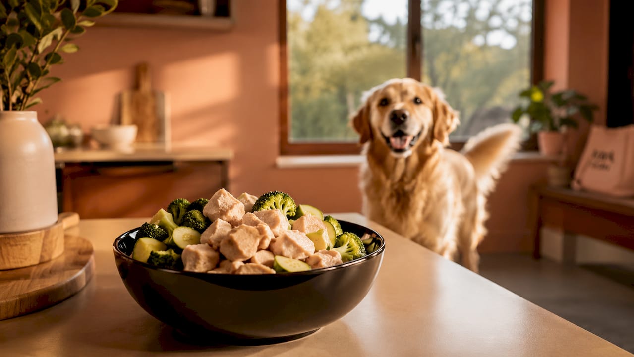 Dog waiting near bowl of nutritious food