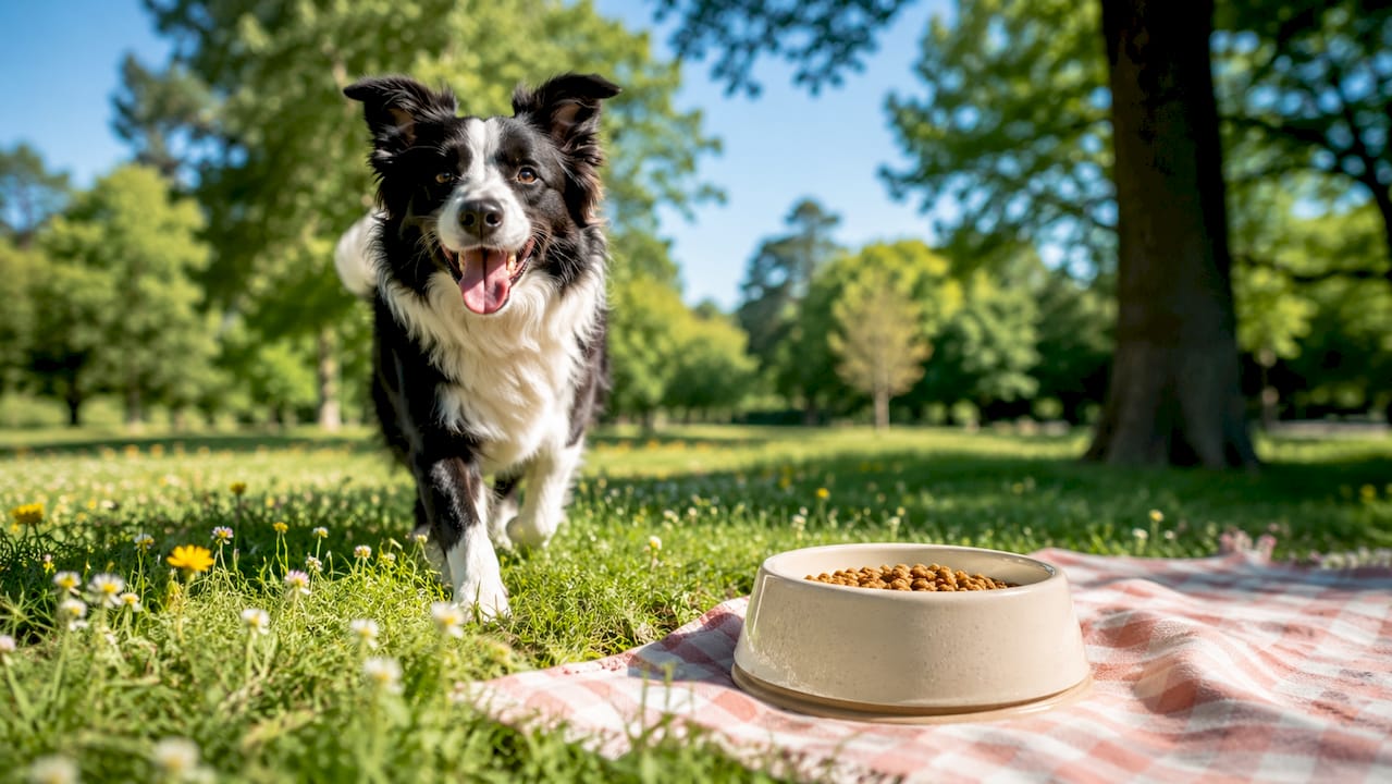 Joyful border collie playing in garden with dog food nearby