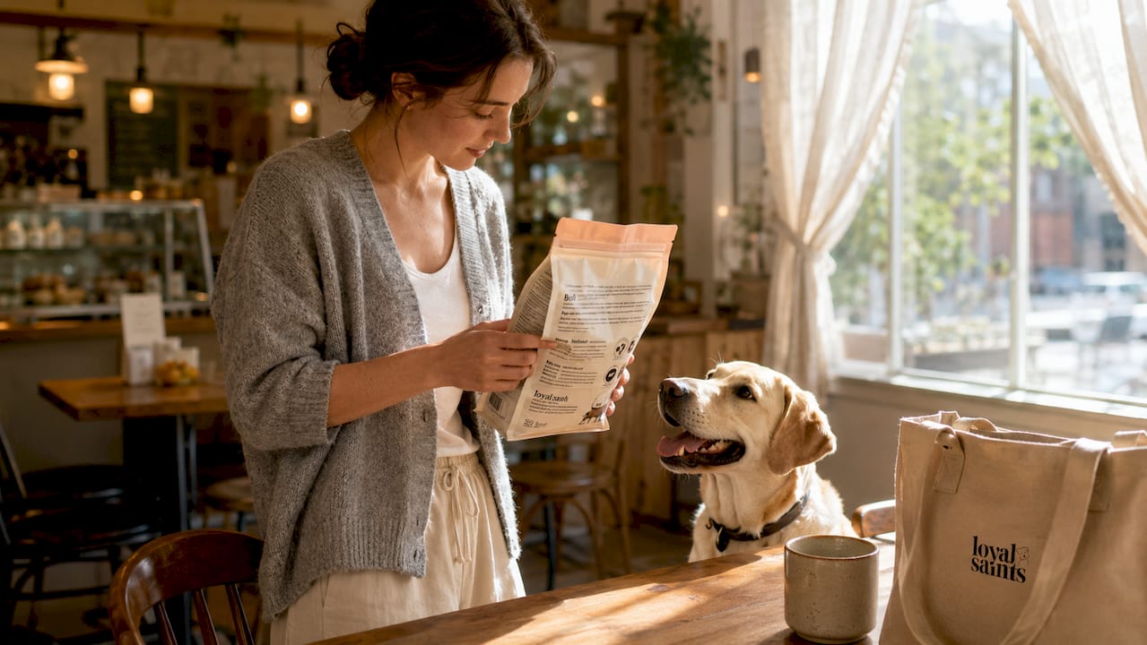 Woman reading dog food label beside happy dog
