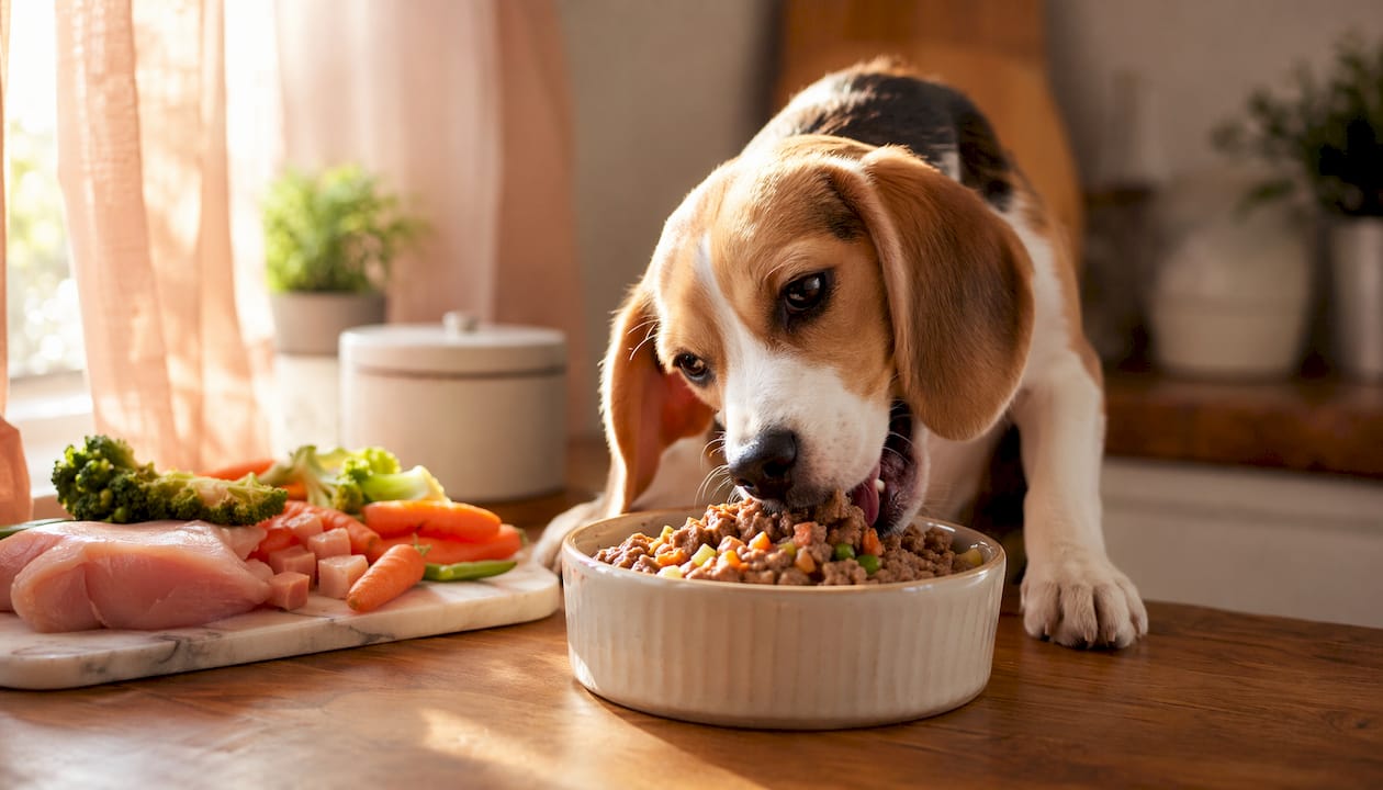 Beagle puppy eating fresh protein-rich dog food bowl