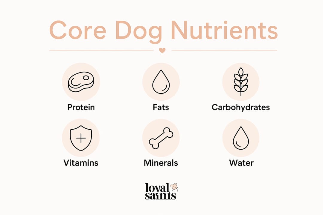Infographic displaying core nutrients for a healthy dog diet