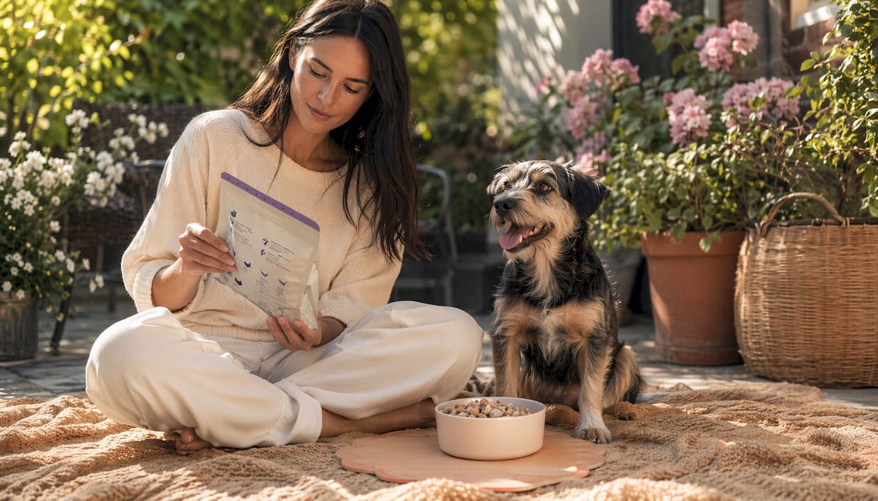 Woman reading freeze-dried dog food label at home