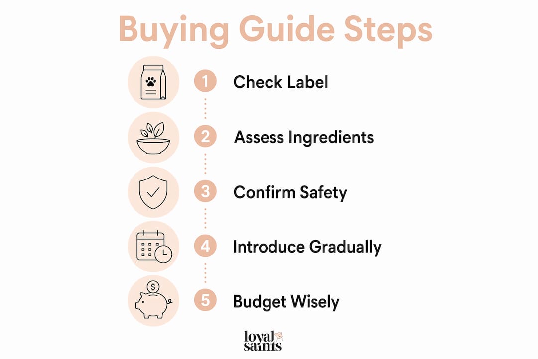 Infographic outlining steps for buying freeze-dried dog food