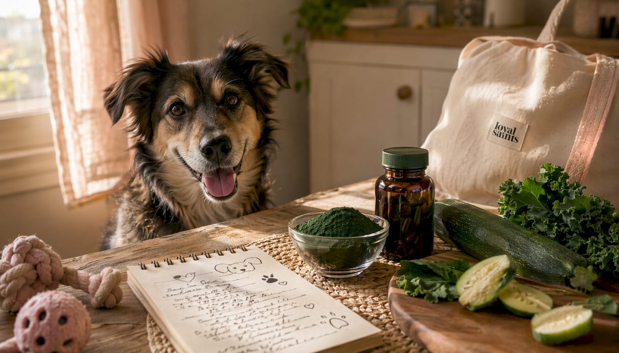 Smiling dog with immune-supporting food ingredients on counter