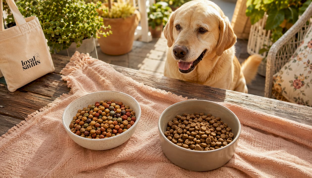 Labrador waiting beside two different dog food bowls