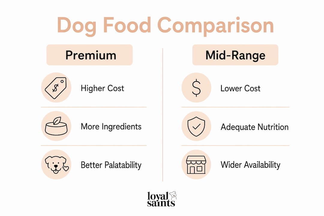 Infographic comparing premium and mid-range dog food features