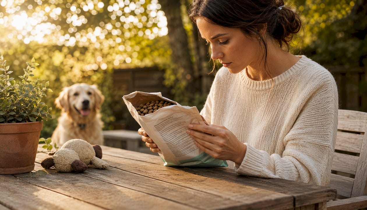 Hands inspecting ingredients on premium dog food bag