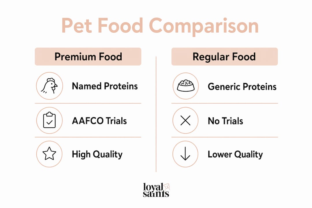 Infographic comparing premium and regular pet food attributes