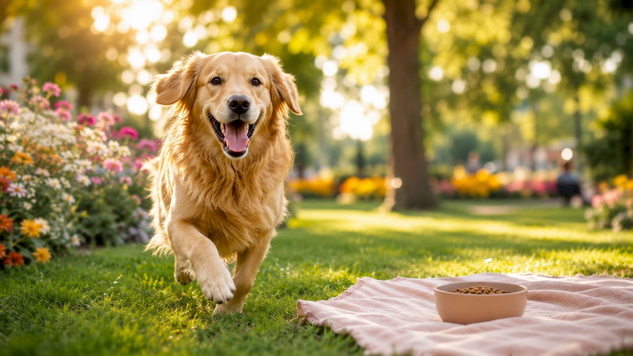 Golden retriever with healthy coat outdoors