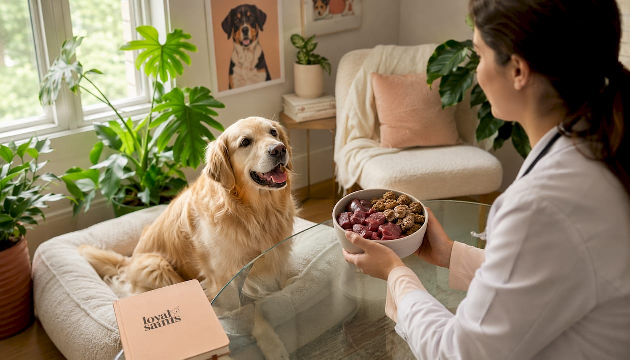 Veterinarian presenting animal protein dog food