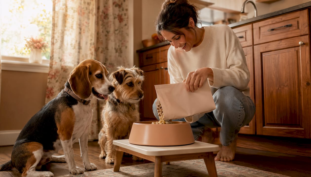 Woman feeding happy dogs premium freeze-dried food