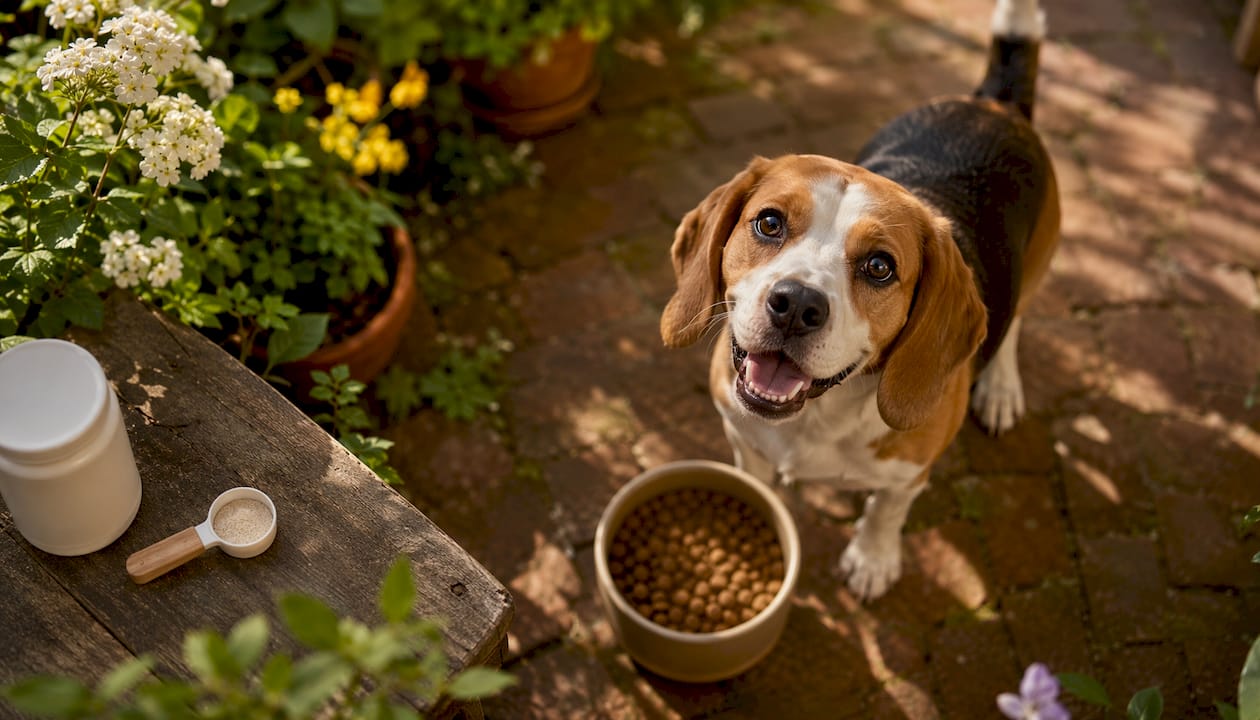 Content beagle eating premium dog food
