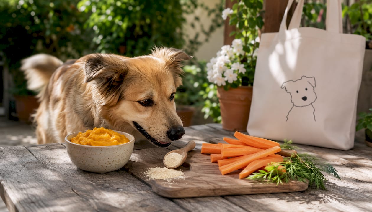 Dog looking at natural digestive supplements on kitchen counter