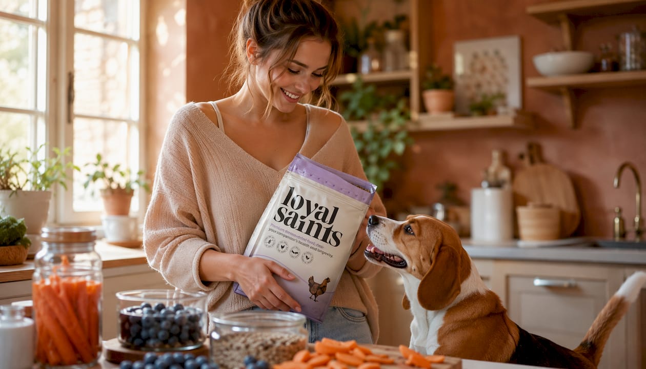 Woman with dog food ingredients and happy dog