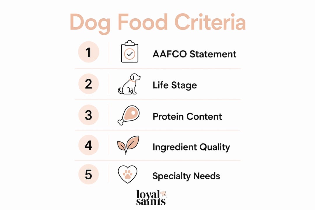 Infographic showing five steps of dog food criteria