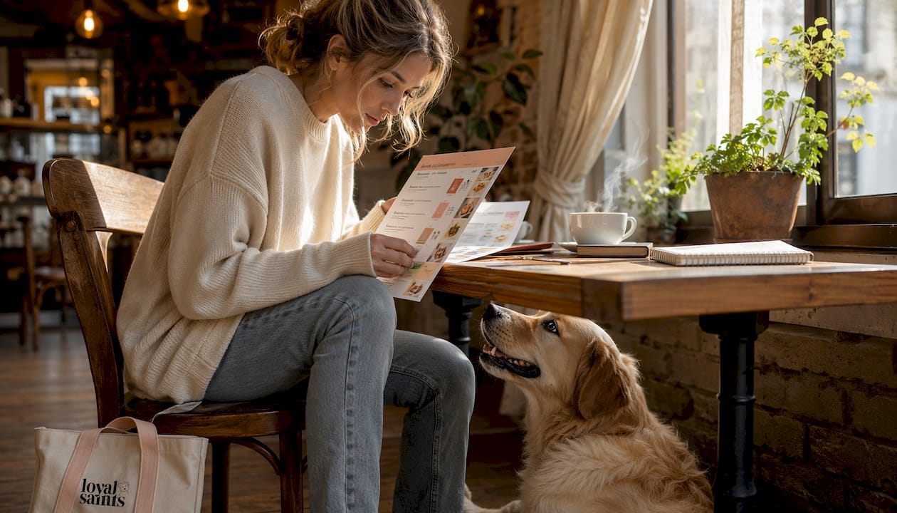 Trainer reviewing dog diet plans at home office