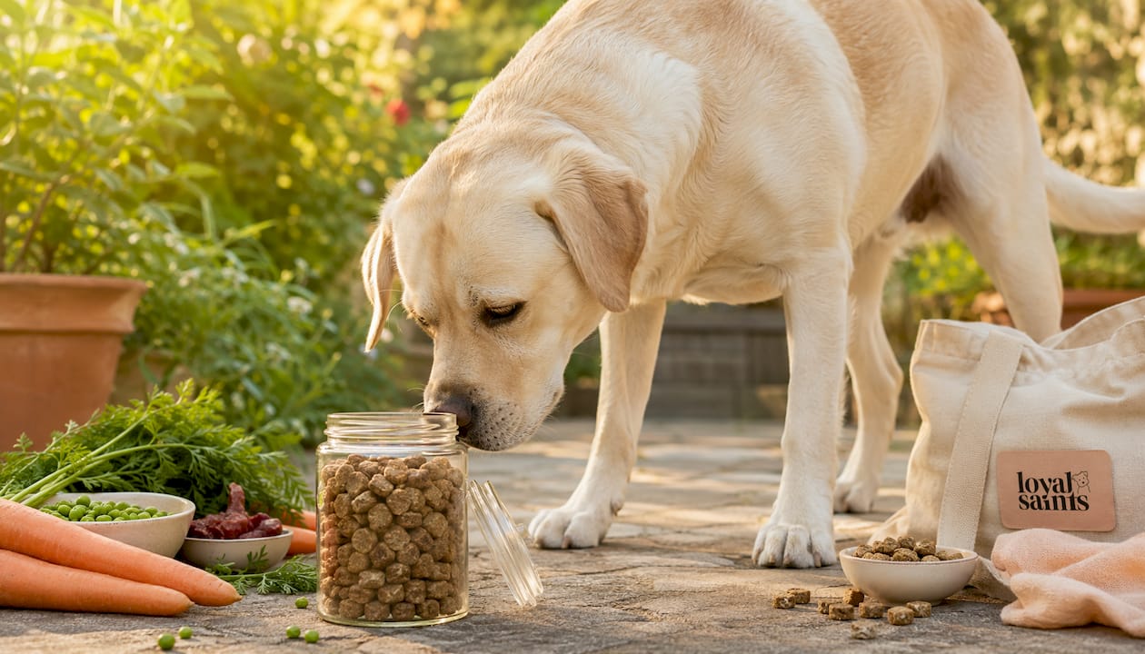 Healthy dog sniffing freeze-dried dog food jar