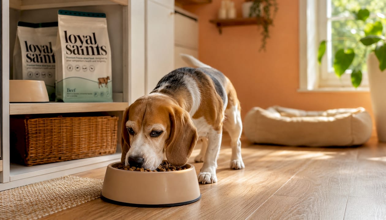 Happy beagle eating premium dog food indoors