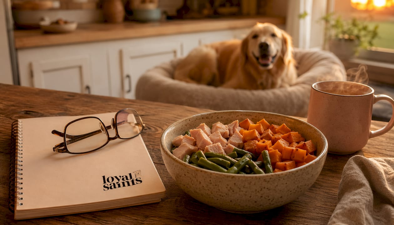 Close-up on natural dog food ingredients and notes