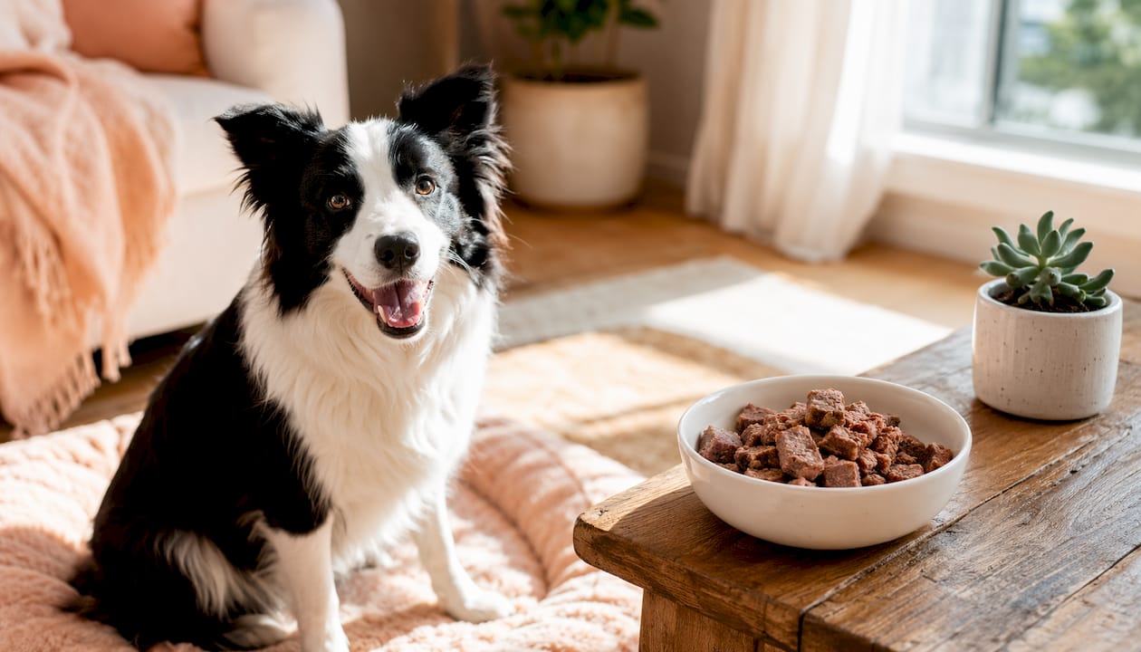 Close-up of freeze-dried raw dog food and happy dog