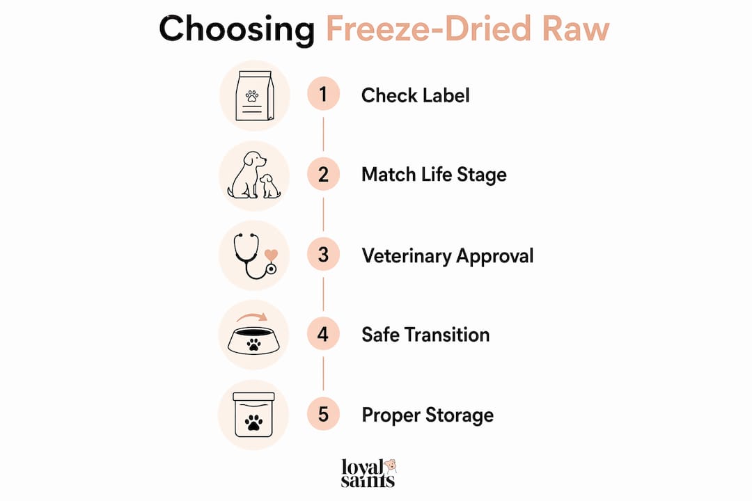 Infographic showing steps to choose freeze-dried raw dog food