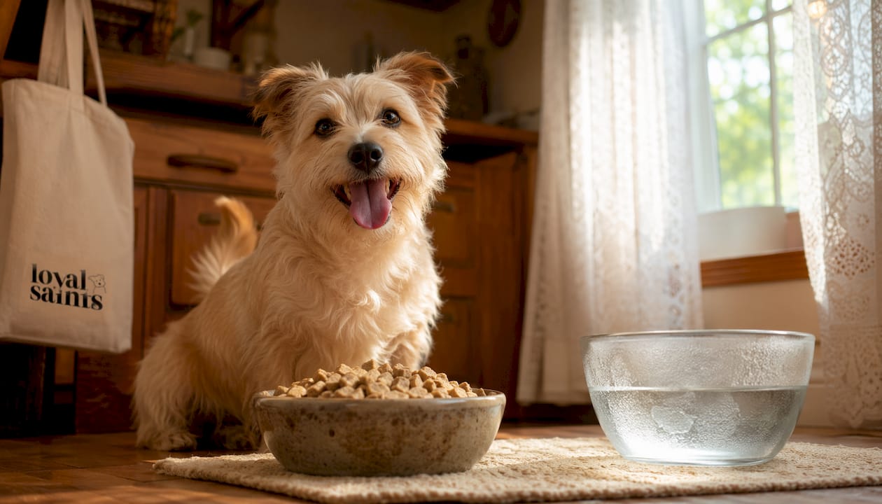 Happy terrier eating dry freeze-dried dog food