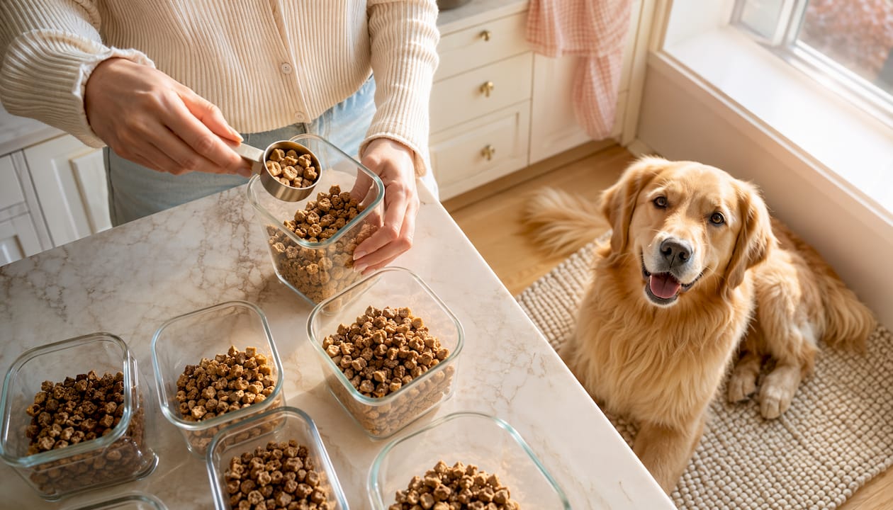 Measured portions of freeze-dried dog food prepared on counter