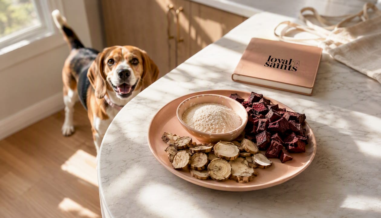 Close-up of prebiotic fiber ingredients with a happy dog