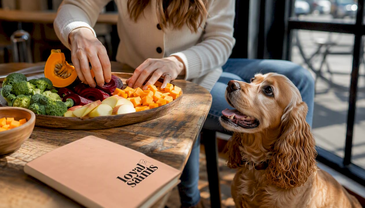 Fresh prebiotic foods with happy dog nearby