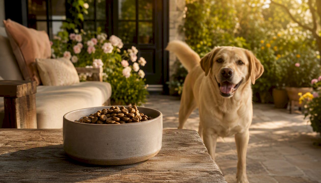 Complete balanced commercial dog food in bowl and happy dog