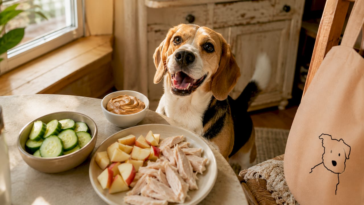 Smiling dog with safe human foods on table