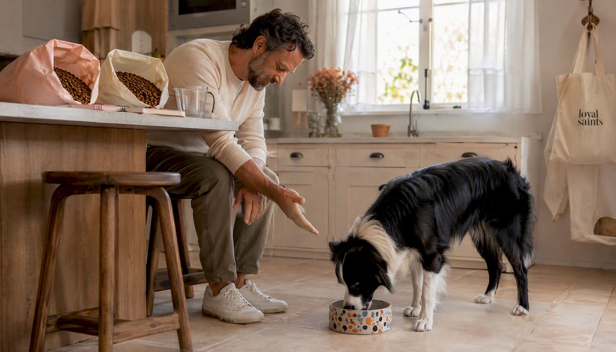 Man feeding border collie during diet transition