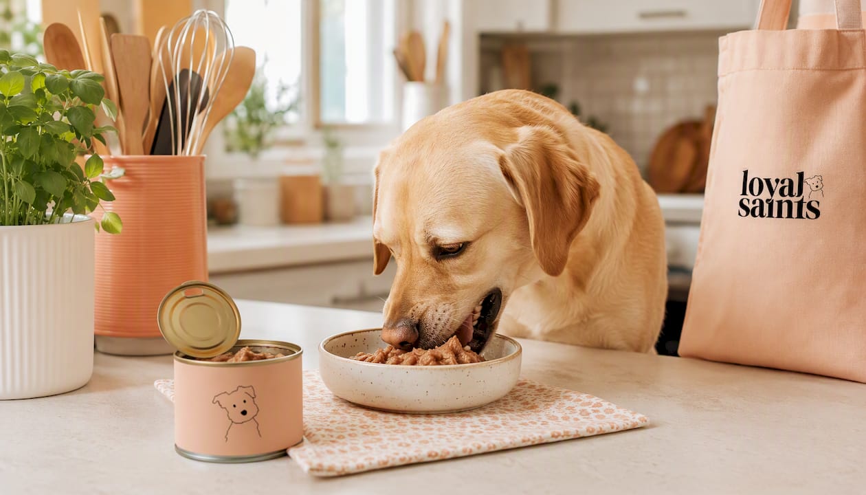 Happy Labrador eating wet canned dog food