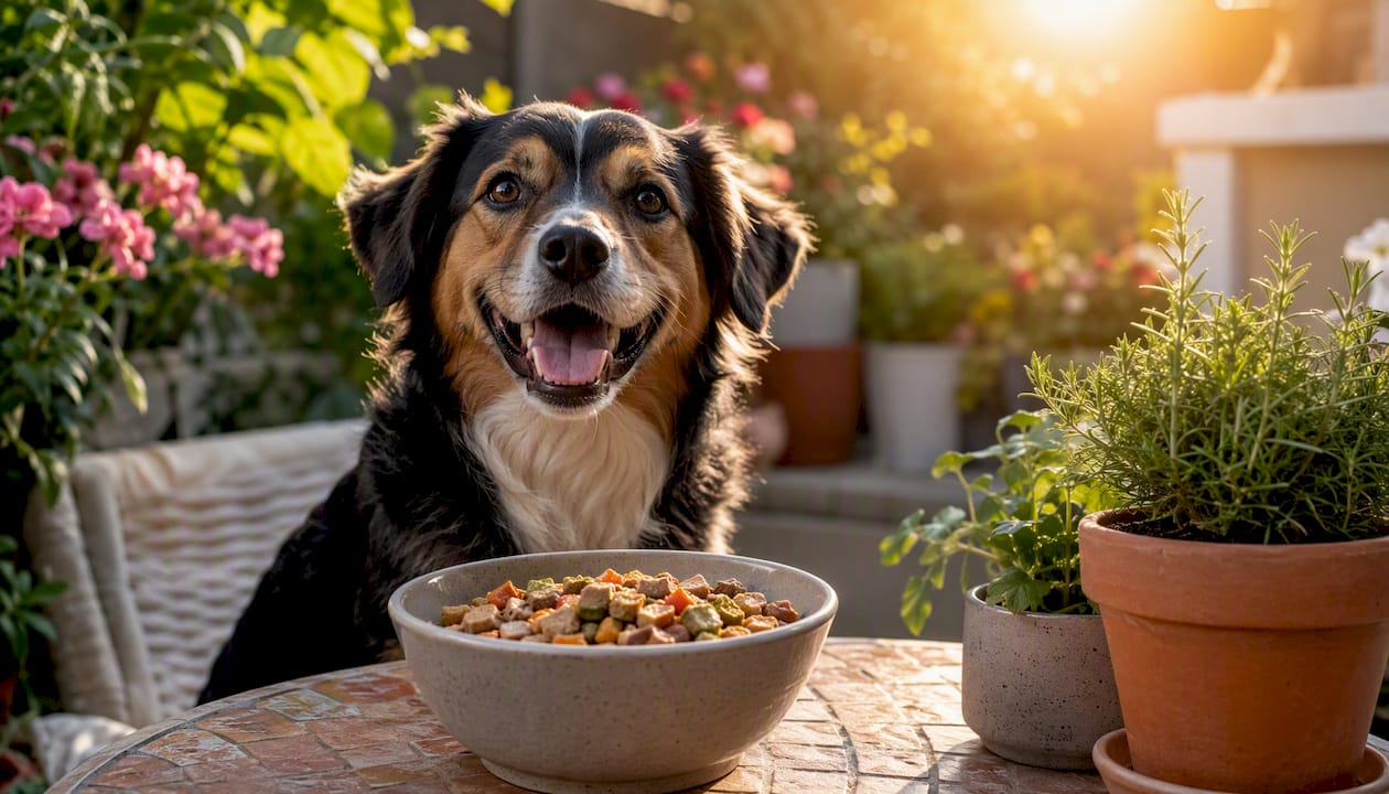 Happy dog eating healthy freeze dried food outside
