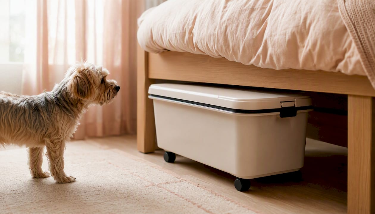 Rolling airtight dog food bin under bed