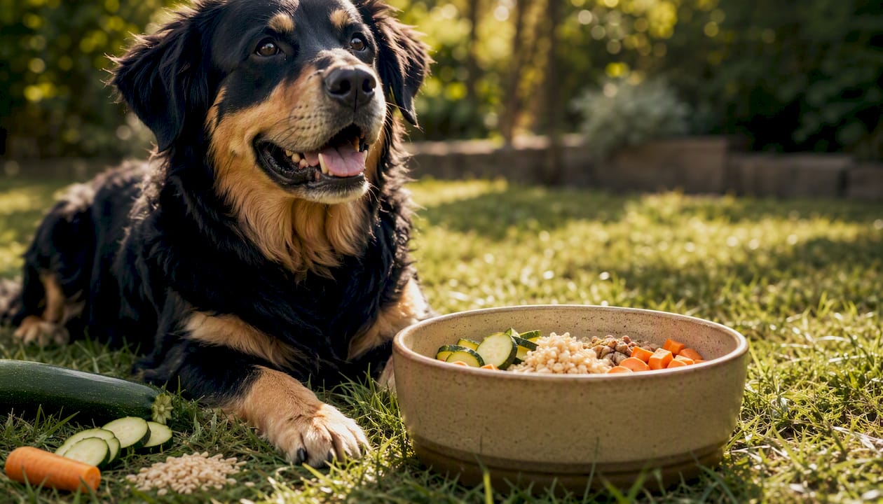 Happy dog near bowl with gut-friendly ingredients