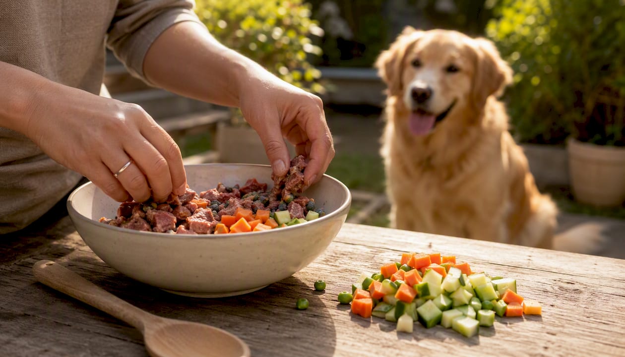 Hands preparing raw dog food bowl