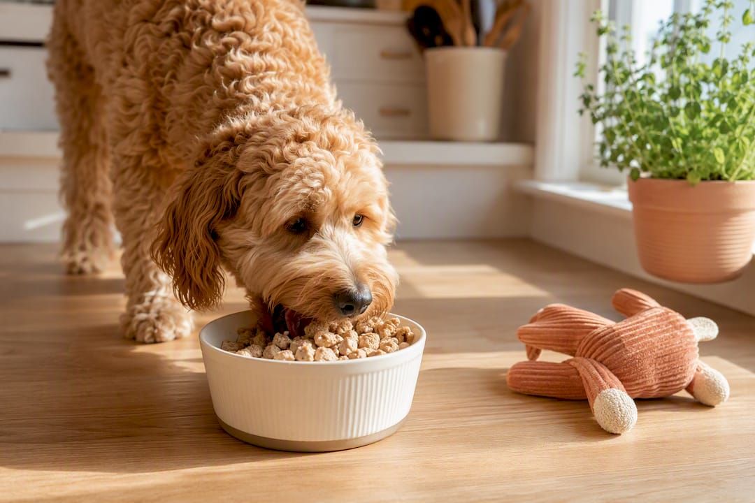 Happy dog eating freeze-dried food indoors