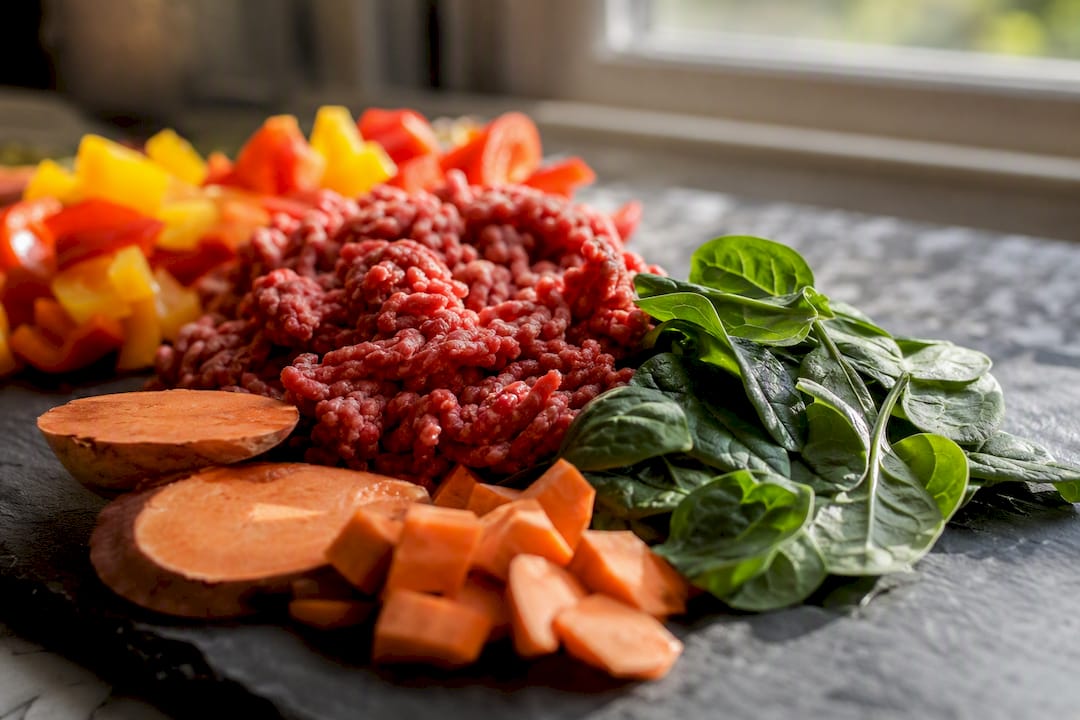 Fresh raw dog food ingredients on wood